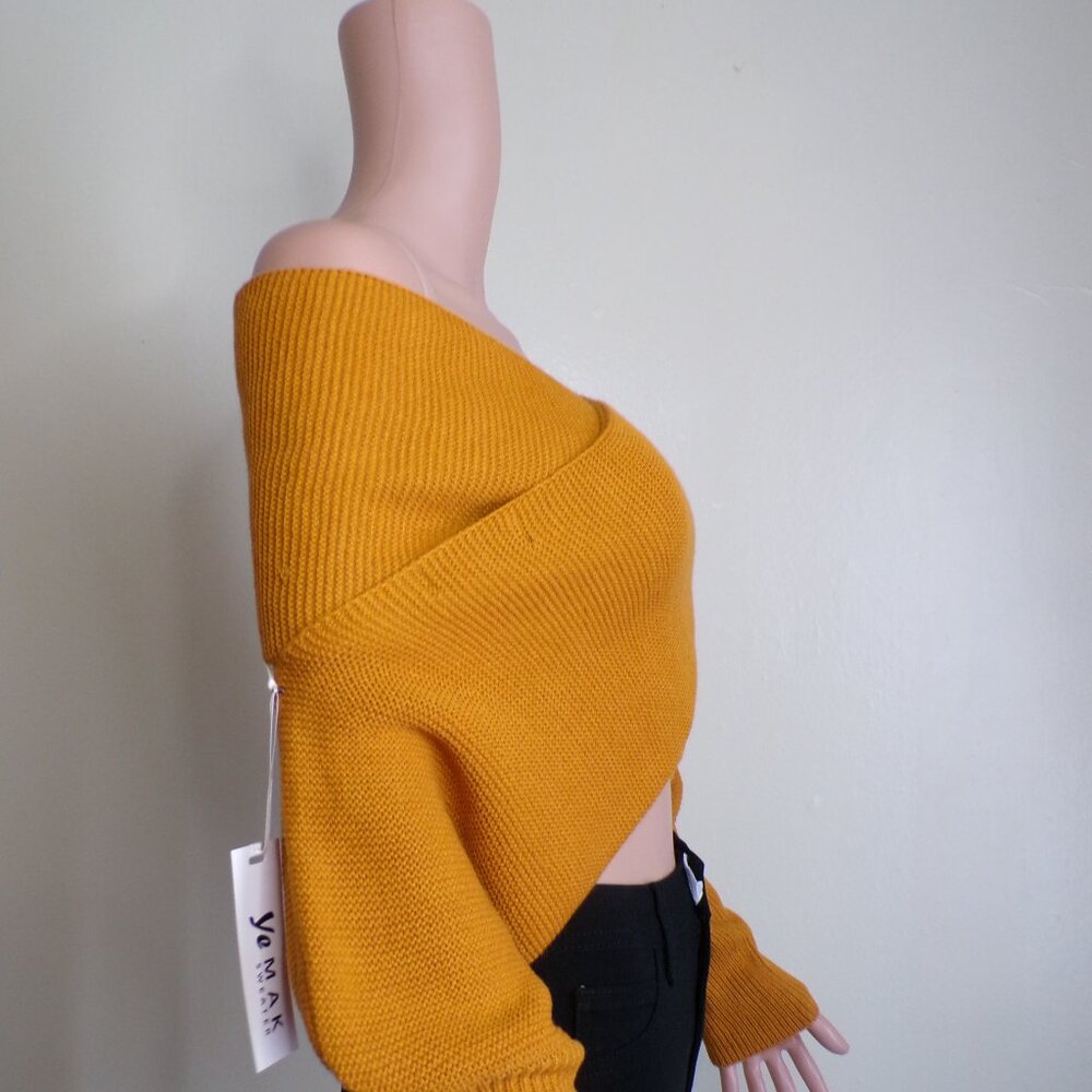 Boutique Mustard Off-Shoulder Wrap Sweater – Size [S/M] – New - Picture 3 of 5